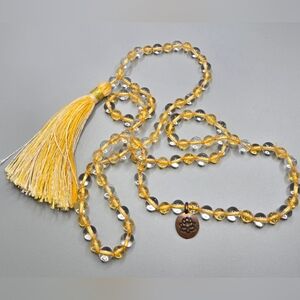 Quartz & Citrine Necklace Mala Beads with Tassel Accent Lotus Hangtag 28" Long